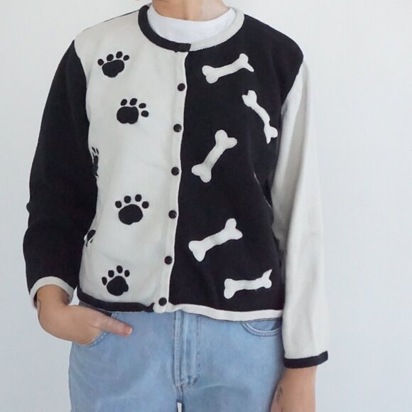 Sweaters - Vintage Marisa Christina Black White Dog Paw Bone Animal Knit Cardigan XL